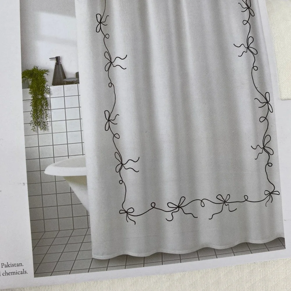 Hotel Shower Curtain White Black Embroidered Matelasse Bow Border Crisp Coquette